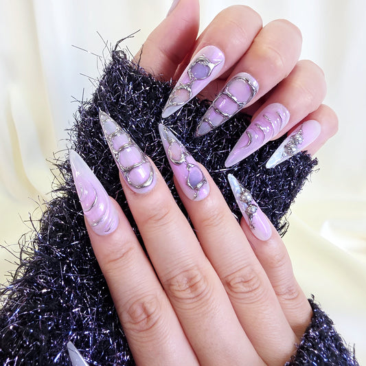 PO113 purple y2k silver chrome press on nails