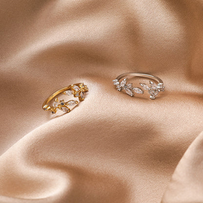 R018 crystal stone leaf adjustable ring sale