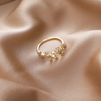 R018 crystal stone leaf adjustable ring sale