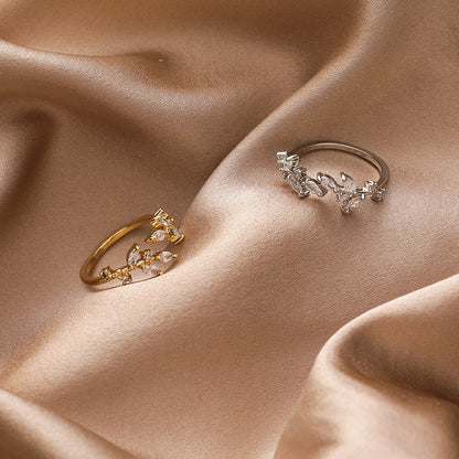 R018 crystal stone leaf adjustable ring sale