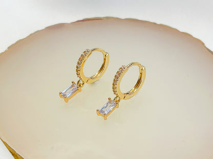 E143 paved baguette dangle huggie hoop earrings