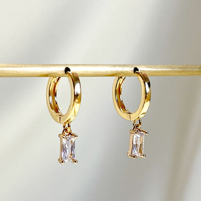 E166 gold baguette dangle huggie hoop earrings