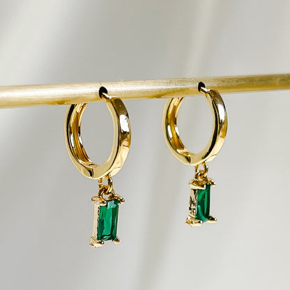 E166 gold baguette dangle huggie hoop earrings