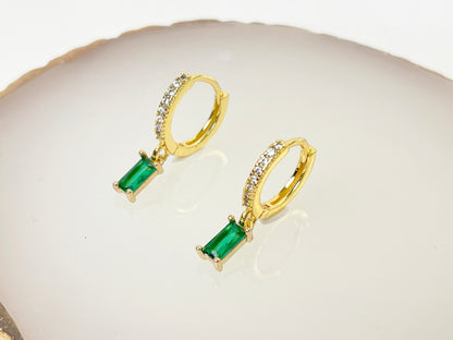 E143 paved baguette dangle huggie hoop earrings