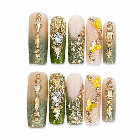 Green Ombre Cateye Golden Rhinestone Press on Nails