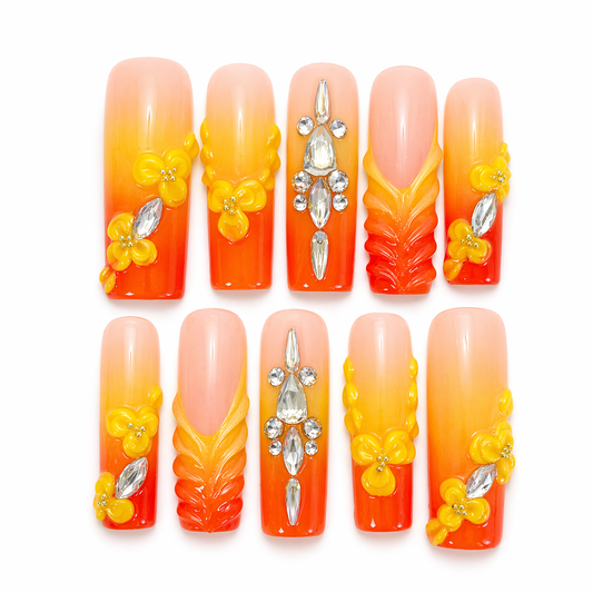 Red Orange Ombre Yellow Flower Crystal Press On Nails