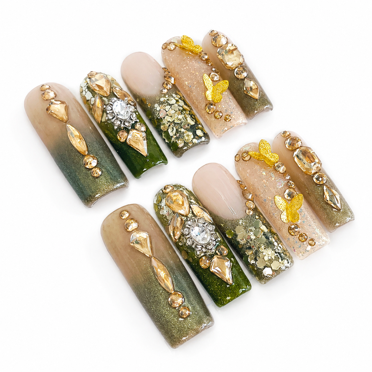 Green Ombre Cateye Golden Rhinestone Press on Nails