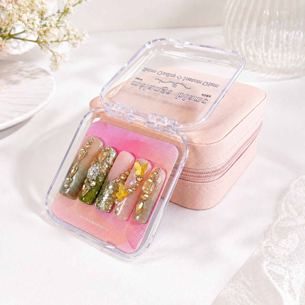 Green Ombre Cateye Golden Rhinestone Press on Nails