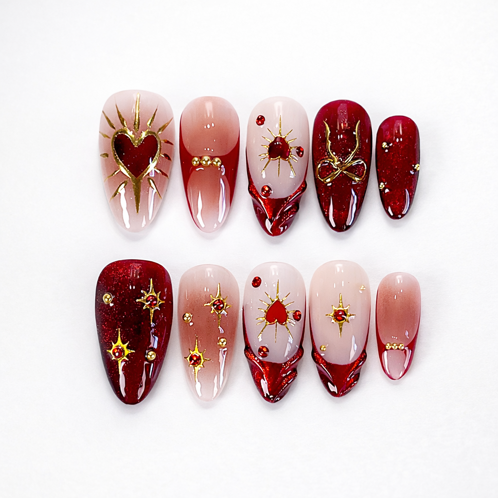 Red Cat Eye Heart Valentine Press On Nails