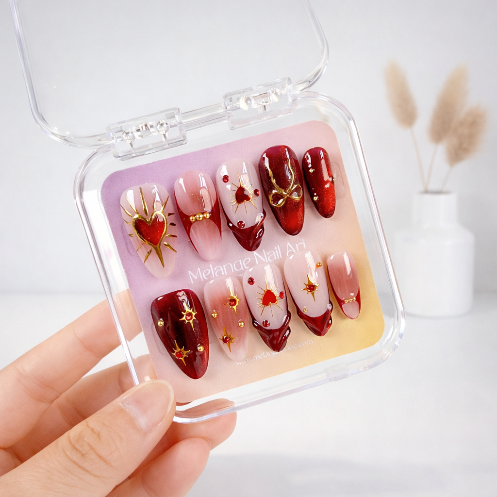 Red Cat Eye Heart Valentine Press On Nails