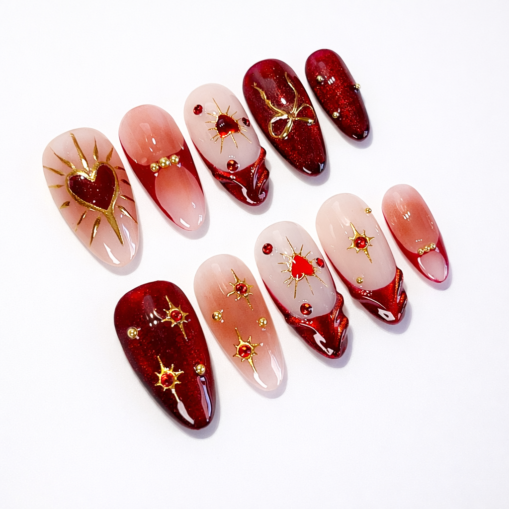 Red Cat Eye Heart Valentine Press On Nails