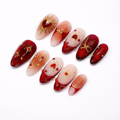 Red Cat Eye Heart Valentine Press On Nails