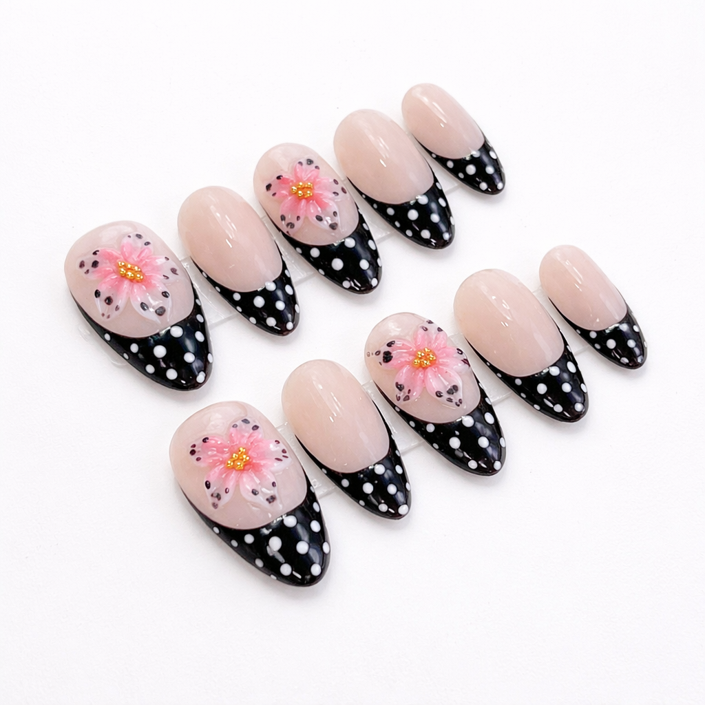 Polka Dot French 3D Flower Press On Nails