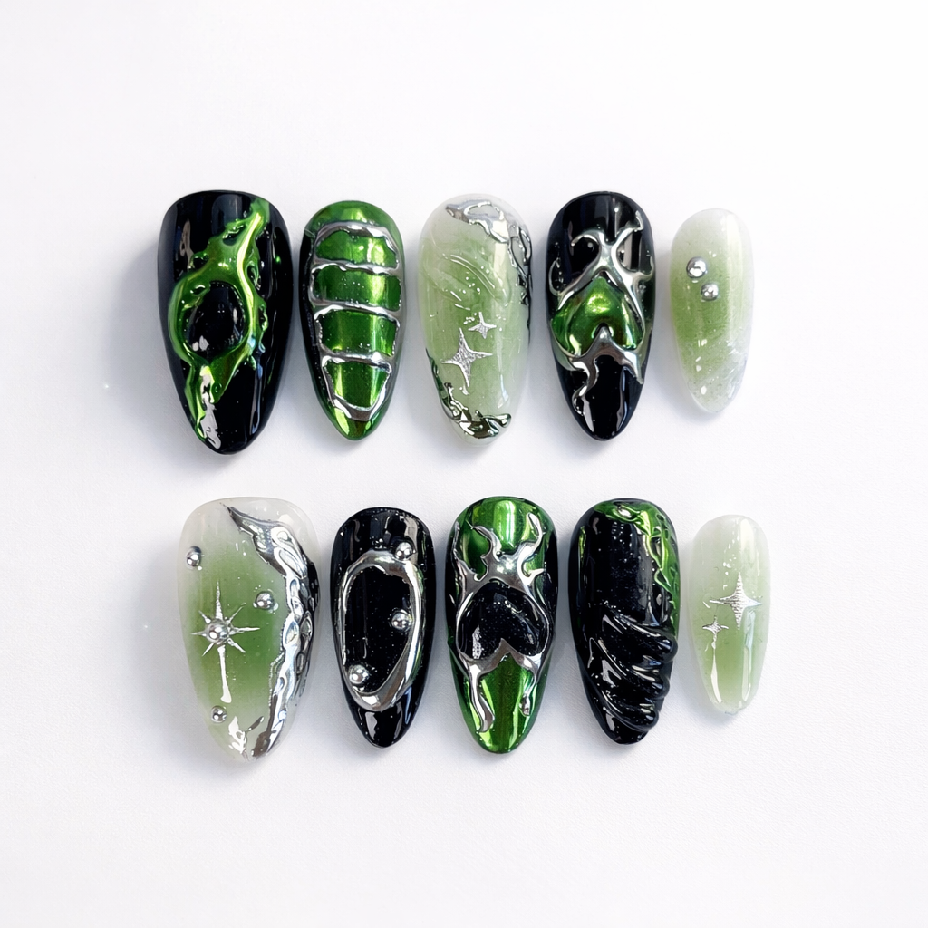 Green Chrome Heart Y2K Press On Nails