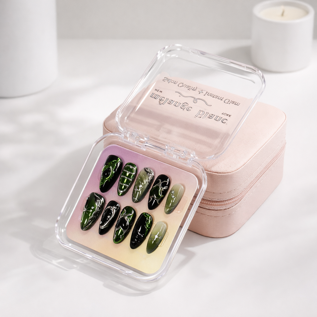 Green Chrome Heart Y2K Press On Nails