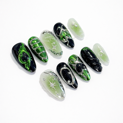 Green Chrome Heart Y2K Press On Nails
