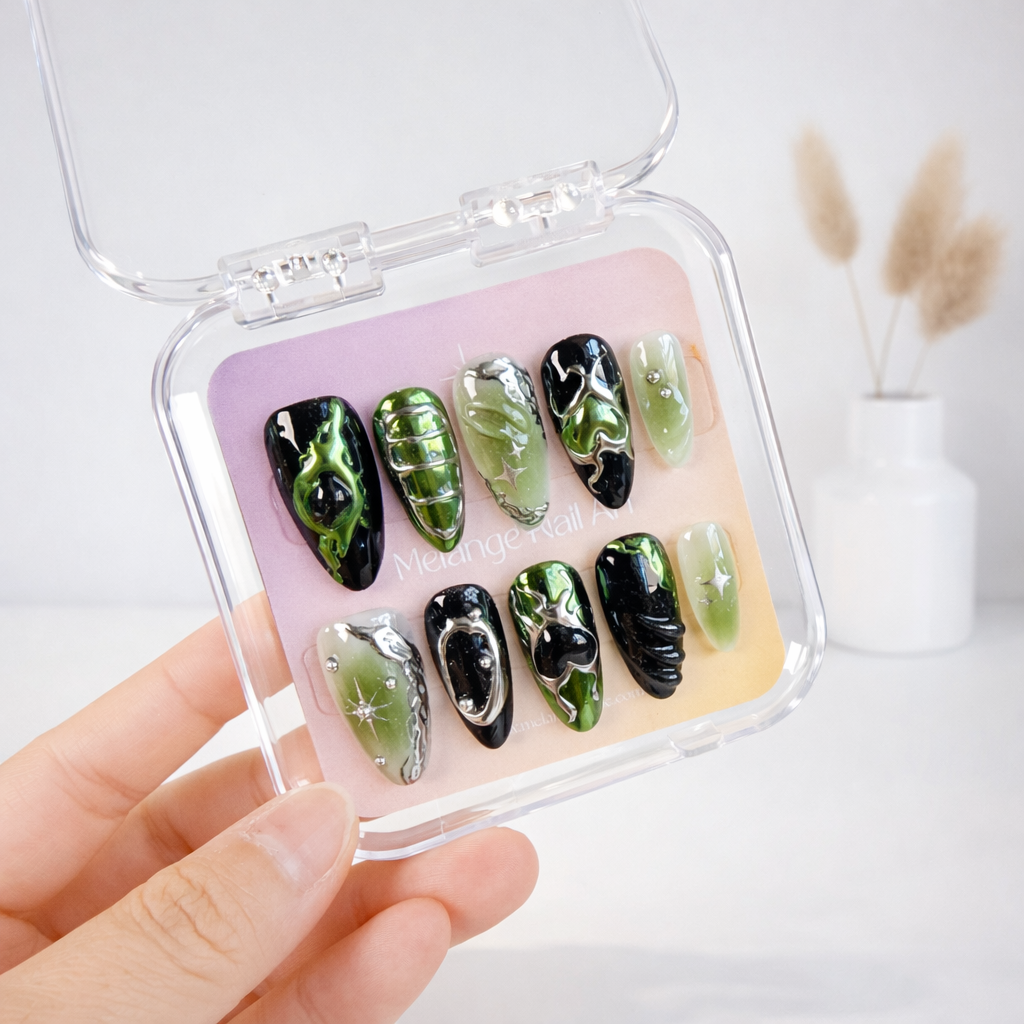 Green Chrome Heart Y2K Press On Nails