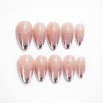 Pink Cat Eye Silver Chrome French Tips Press On Nails