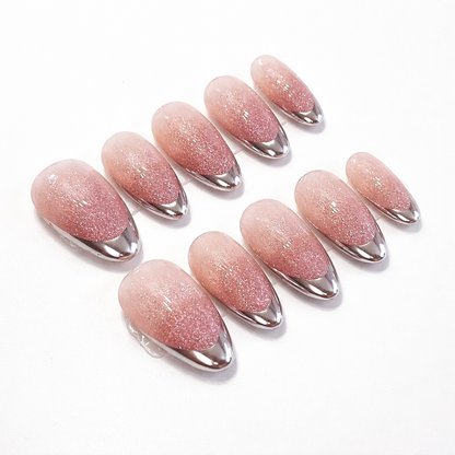 Pink Cat Eye Silver Chrome French Tips Press On Nails