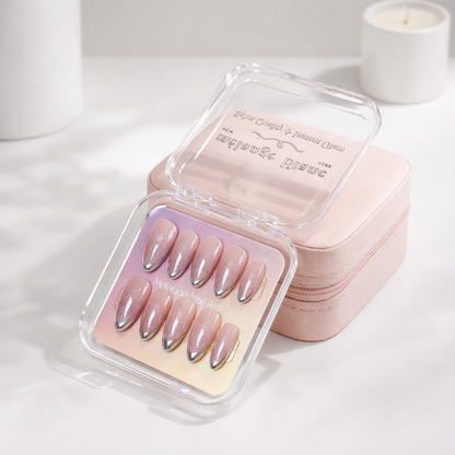 Pink Cat Eye Silver Chrome French Tips Press On Nails