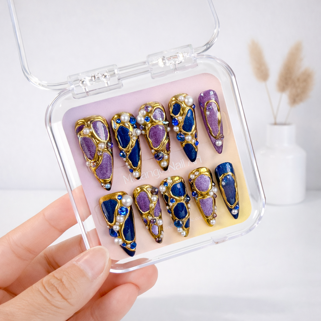Luxury Purple Cat Eye Gold Chrome Press On Nails