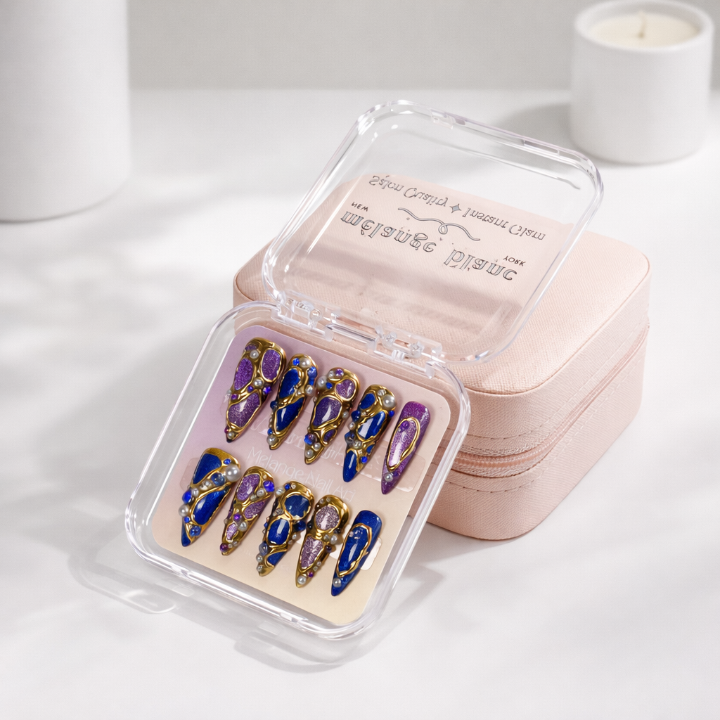 Luxury Purple Cat Eye Gold Chrome Press On Nails