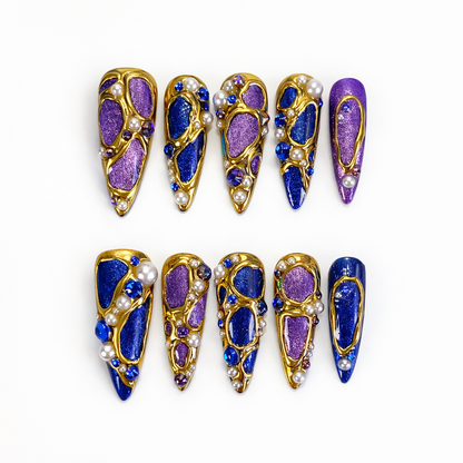 Luxury Purple Cat Eye Gold Chrome Press On Nails