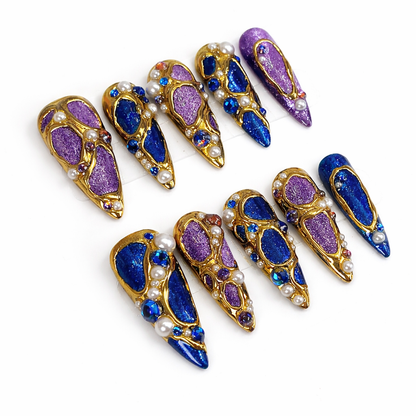 Luxury Purple Cat Eye Gold Chrome Press On Nails