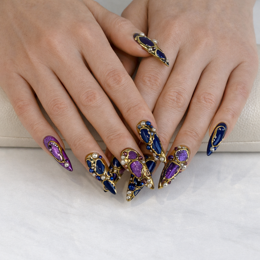 Luxury Purple Cat Eye Gold Chrome Press On Nails