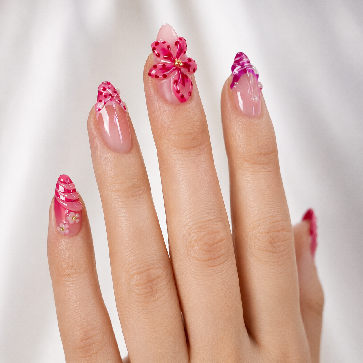 Fuchsia ombre pink 3D orchid flower almond press on nails PO079