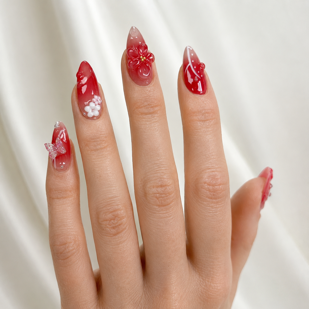 Red aurora ombre 3D flower almond press on nails RTS PO054