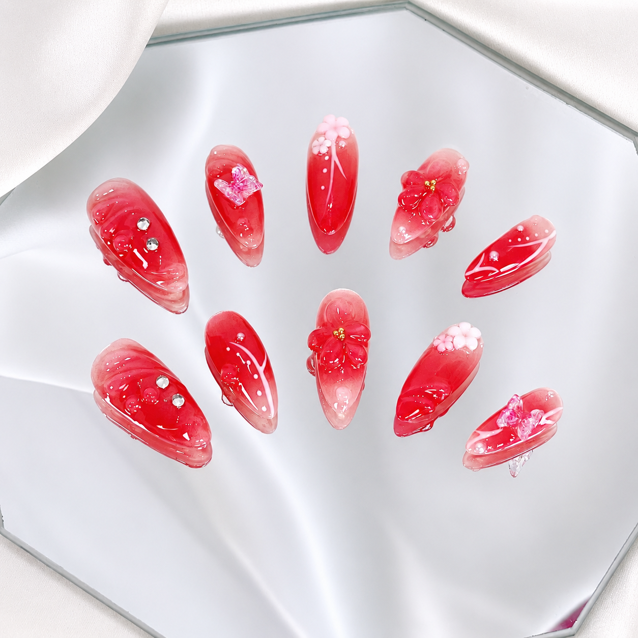 Red aurora ombre 3D flower almond press on nails RTS PO054