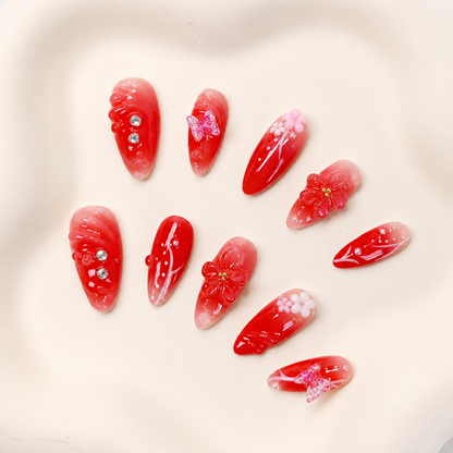 Red aurora ombre 3D flower almond press on nails RTS PO054