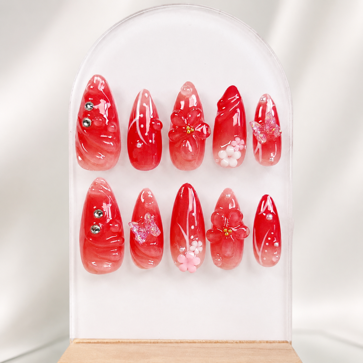 Red aurora ombre 3D flower almond press on nails RTS PO054
