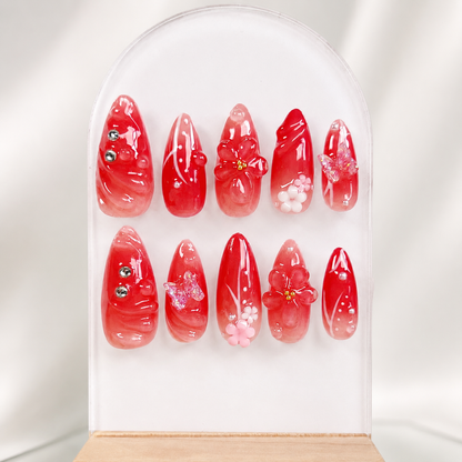 Red aurora ombre 3D flower almond press on nails RTS PO054