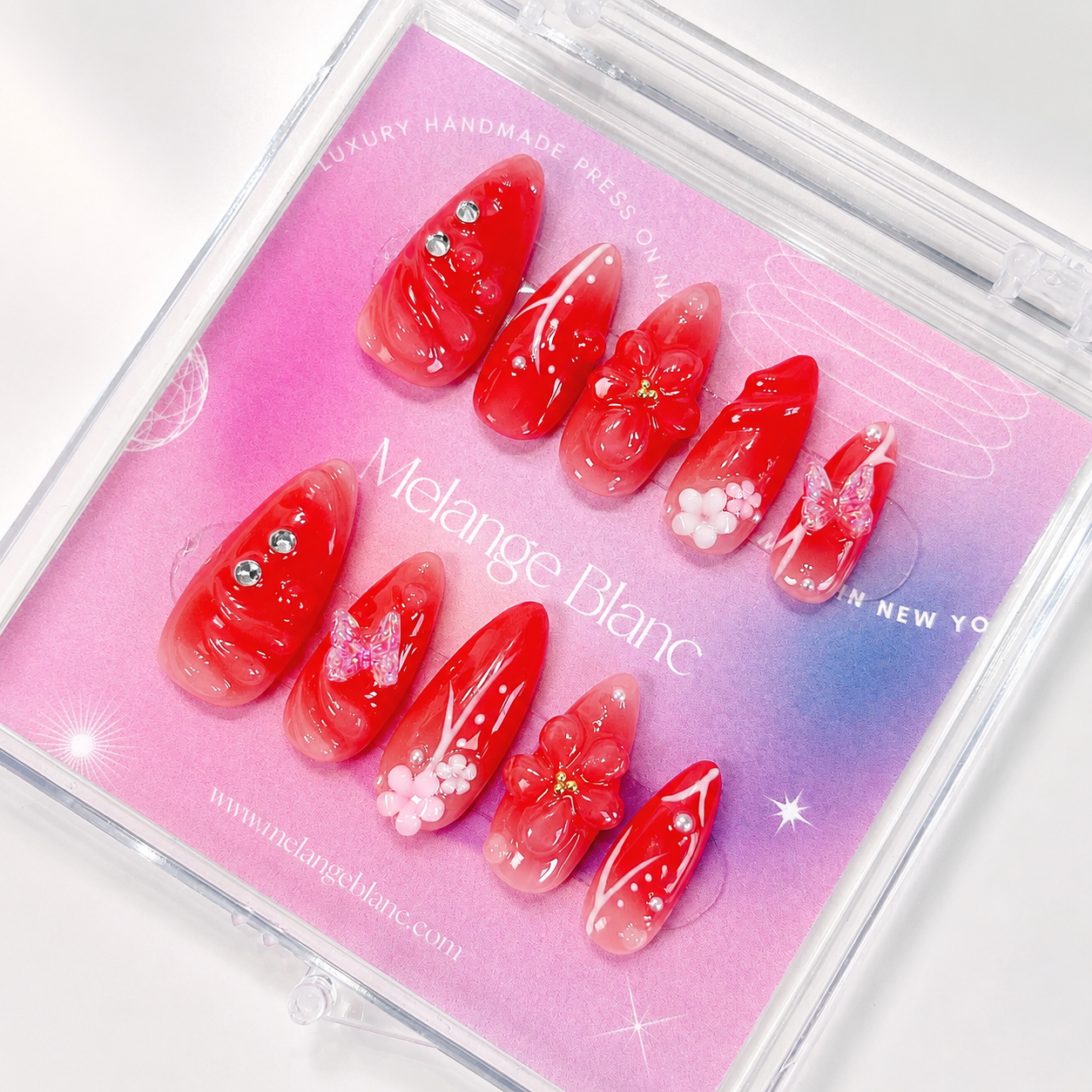 Red aurora ombre 3D flower almond press on nails RTS PO054