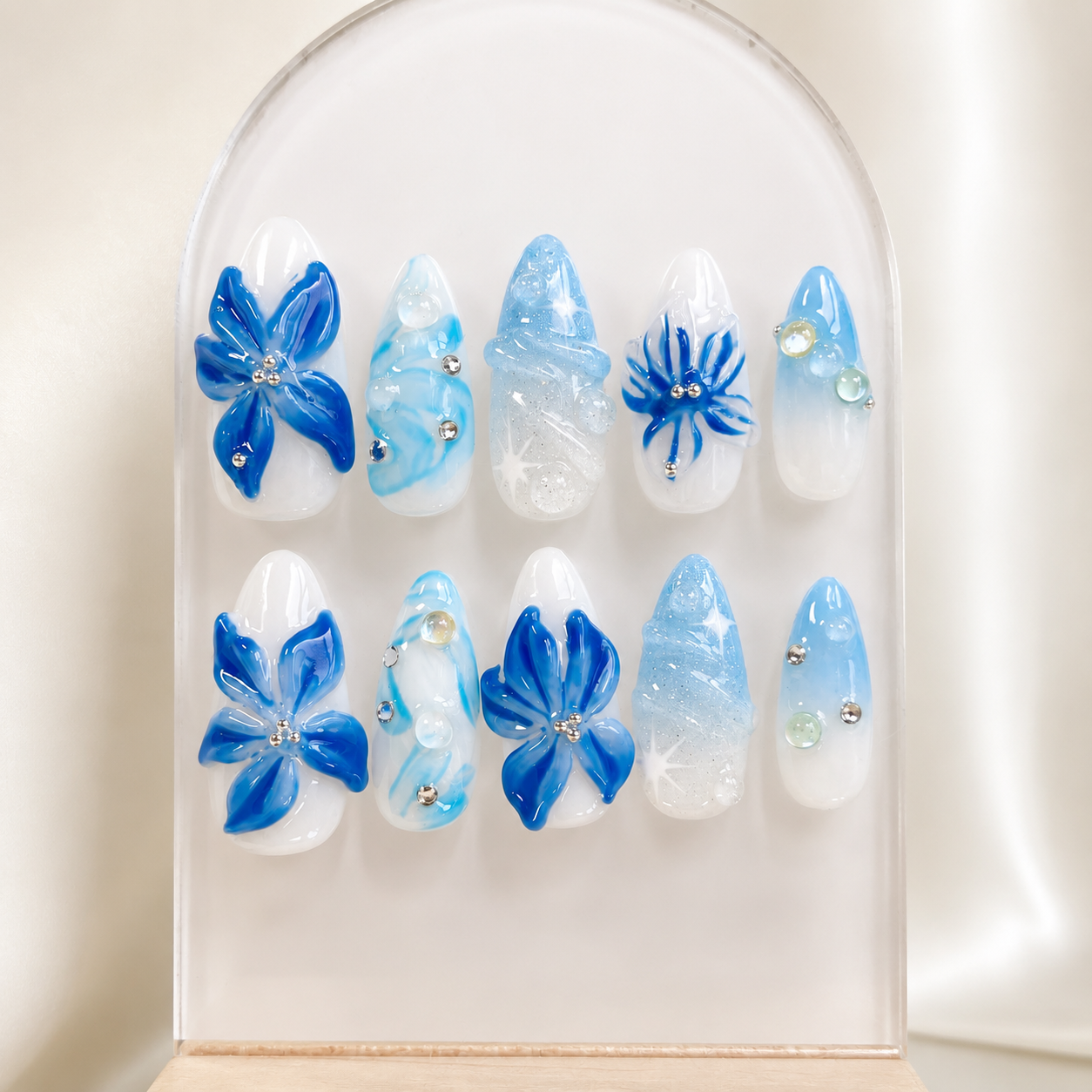 Ocean blue 3D flower ombre glitter press on nails RTS PO051