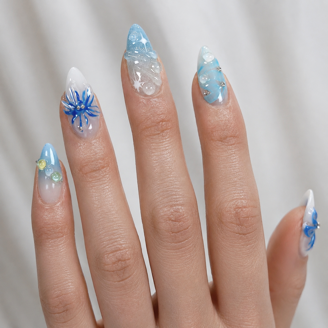 Ocean blue 3D flower ombre glitter press on nails RTS PO051