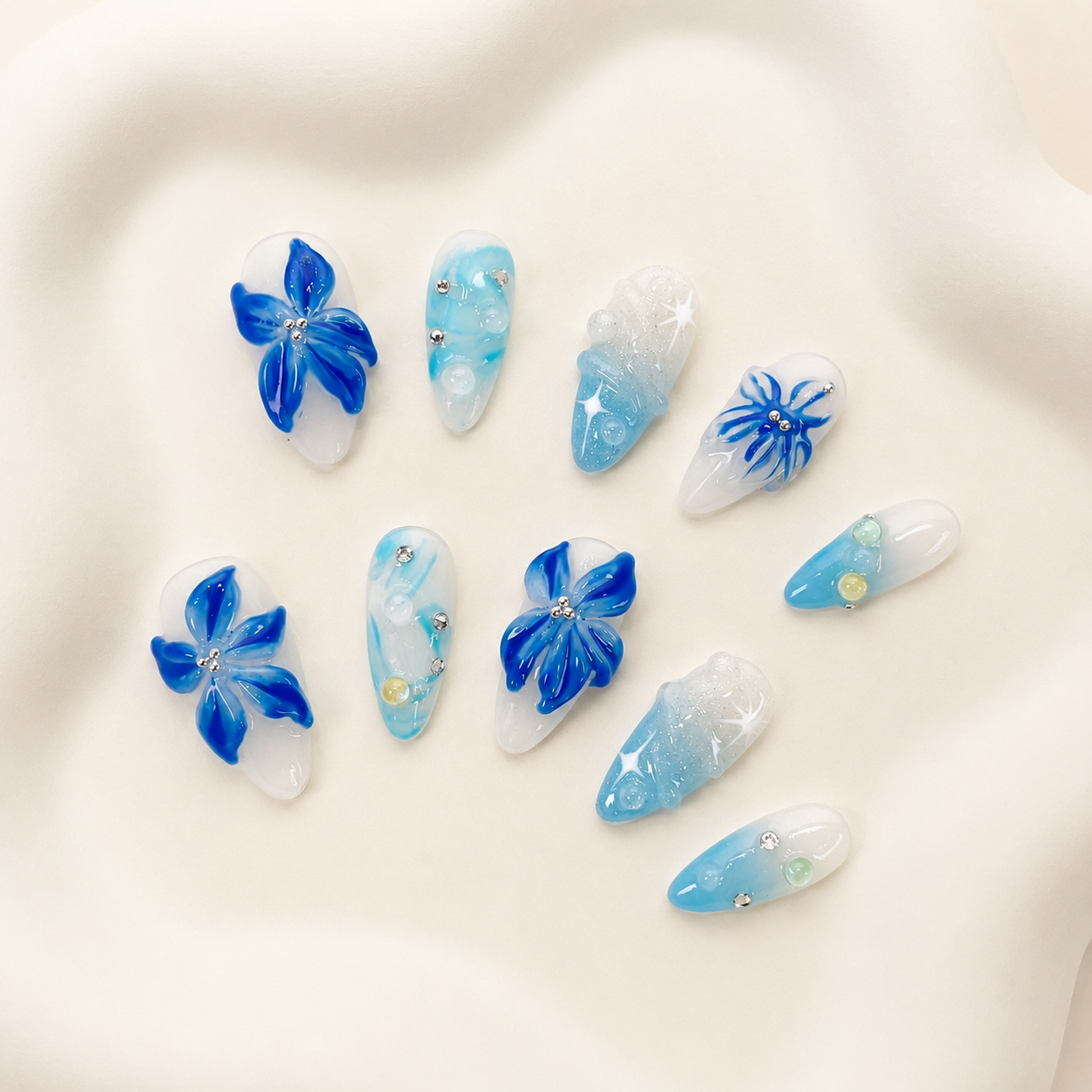 Ocean blue 3D flower ombre glitter press on nails RTS PO051