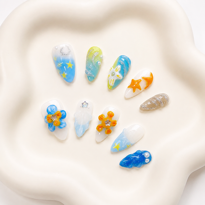 Tropical beach flower & starfish Y2K press on nails RTS PO046