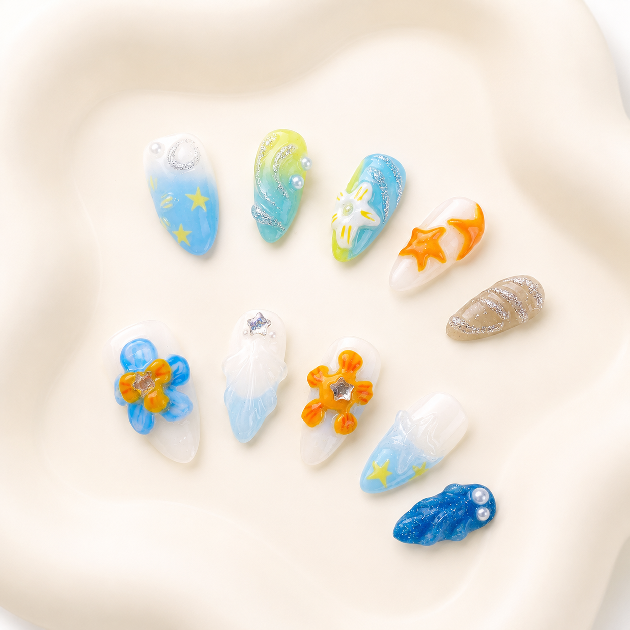 Tropical beach flower & starfish Y2K press on nails RTS PO046