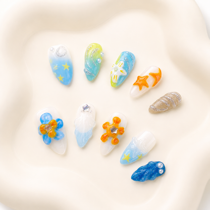 Tropical beach flower & starfish Y2K press on nails RTS PO046