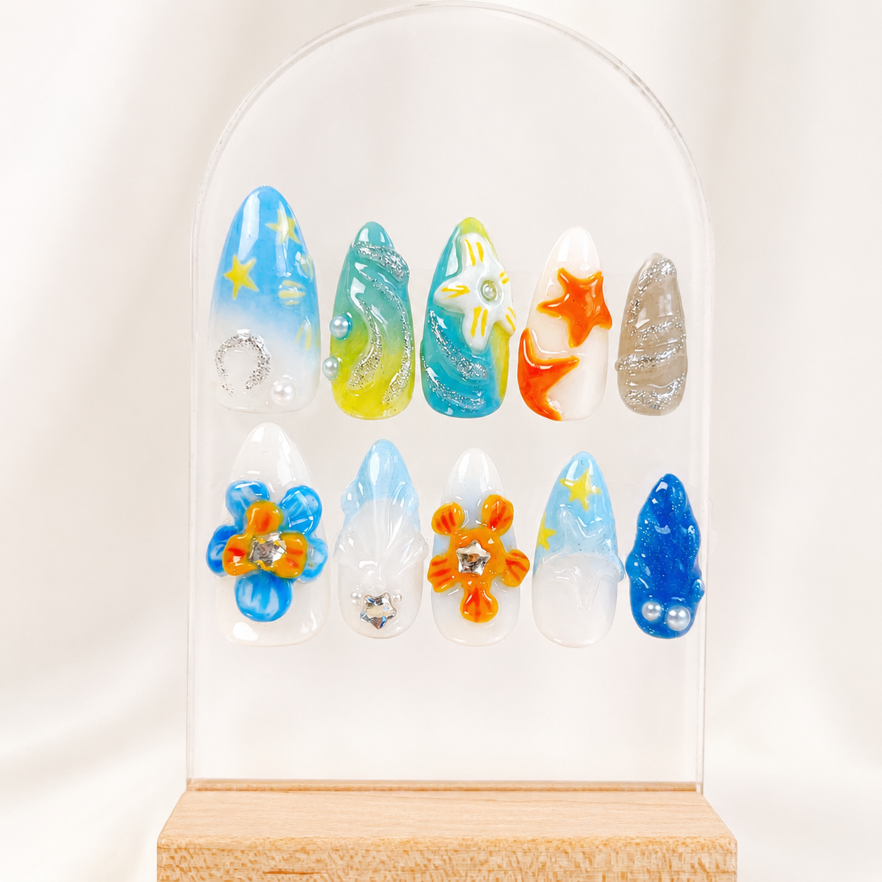 Tropical beach flower & starfish Y2K press on nails RTS PO046