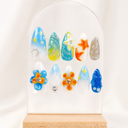 Tropical beach flower & starfish Y2K press on nails RTS PO046