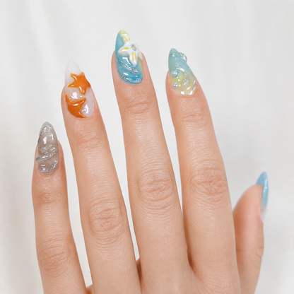 Tropical beach flower & starfish Y2K press on nails RTS PO046