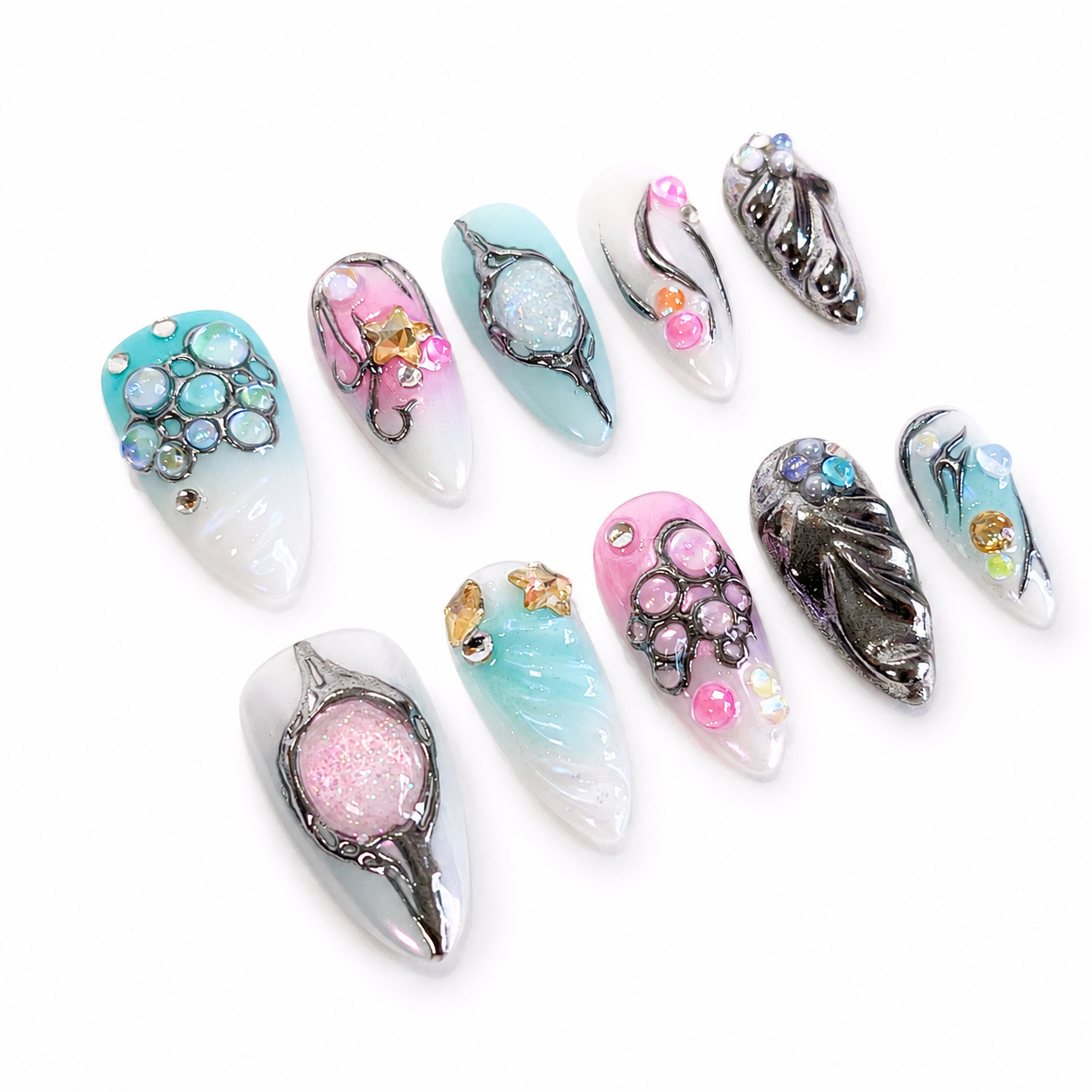 Blue silver chrome galaxy abstract press on nails RTS PO102