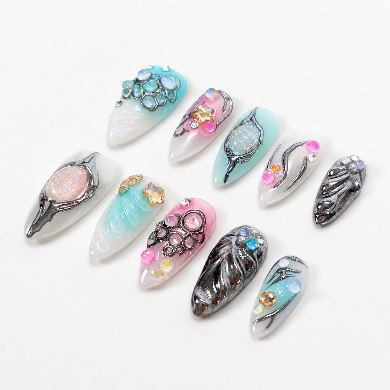 Blue silver chrome galaxy abstract press on nails RTS PO102
