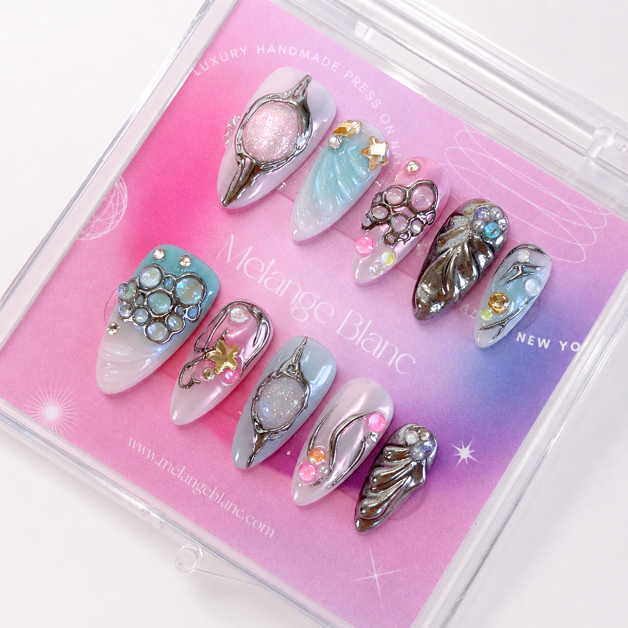 Blue silver chrome galaxy abstract press on nails RTS PO102