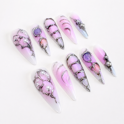 Glazed purple ombre with silver chrome long stiletto press on nails RTS PO113
