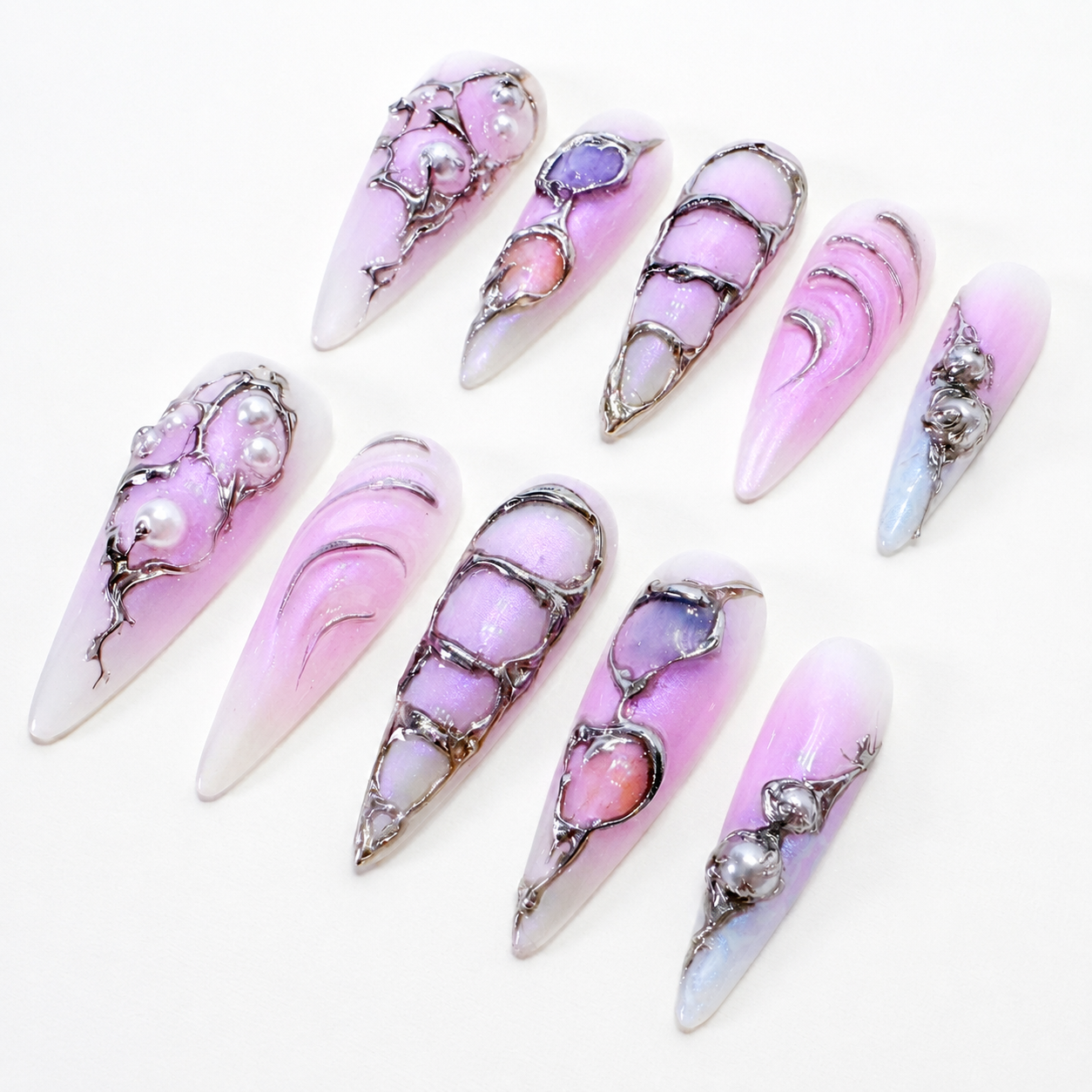 Glazed purple ombre with silver chrome long stiletto press on nails RTS PO113